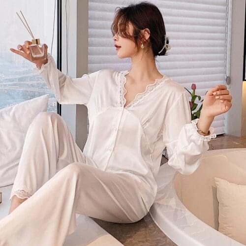 Casual Pajamas Set Satin Sexy Women 2 Piece Soft Sleepwear Loungewear Solid Nightwear Spring Summer Long Sleeve Silk Pyjamas Set