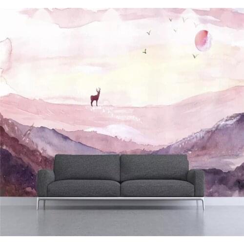 Custom wallpaper hand-painted mountain peak elk chasing the sunset sunset TV background wall decoration waterproof material