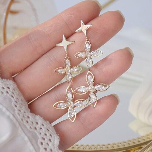 Romantic 14K Gold Plated Pierced Flower Stud Earrings Japanese&Korea Delicate Jewelry Zircon Long Earrings