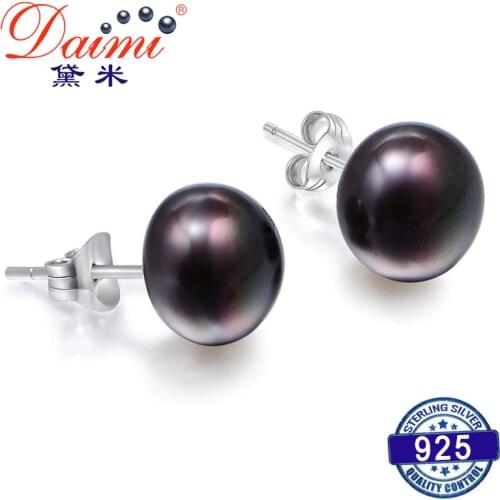 DMEFP151 Black Pearl Studs Earrings 4 Size Black Freshwater Silver 925 Jewelry Exquisite Pearl Earrings For Women Gift