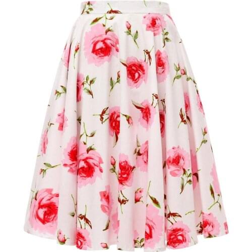 100% Cotton Summer Skirts Womens SP0677 White Rose Floral Print 50s 60s Vintage Swing Summer Skirt Plus Size