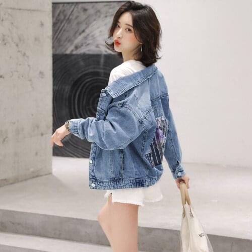 High Street Womens Denim Coat Short Fashion Printed Loose Diamonds Long Sleeve Jacket Ladies Spring Autumn Bomber Jacket