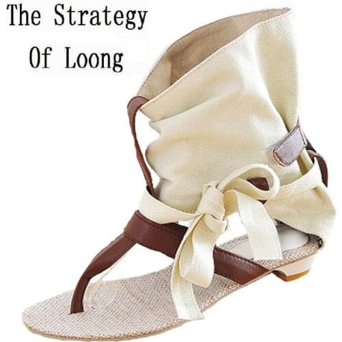 Women Cut Out Summer Hemp Ankle Sandals Boots Open The Toe Cutout Boots Plus Size 41 42 43 Big Size Lady Flat Heels Shoes