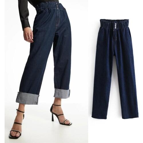 Women Chic Fashion Elastic Ruffle Trim Floded Up Jeans Za 2021 Button High Waist Zipper Fly Women Trousers Dark Blue Pants Mujer