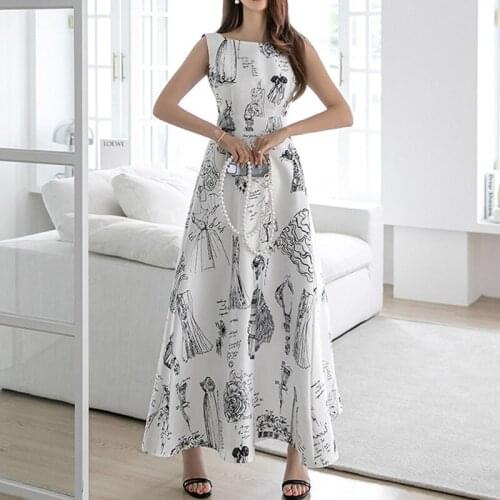 Fashion Summer Vintage Sleeveless Maxi Party Dress Ladies Elegant Robe Streetwear Casual O-Neck Print Hollow Vacation Long Dress