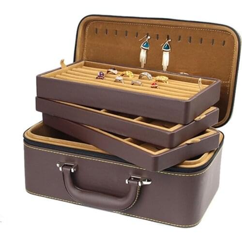 3 Layers Large Capacity Leather Jewelry Storage Case Earrings Ring Necklace Pendant Jewellery Display Tray Box with Handle
