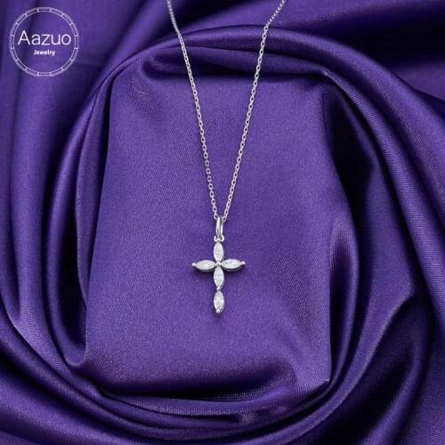 Aazuo Real 18K White Gold Real Eye shape Diamond Cross Free Pendent With Chain gifted for Women Party 18Inch Au750