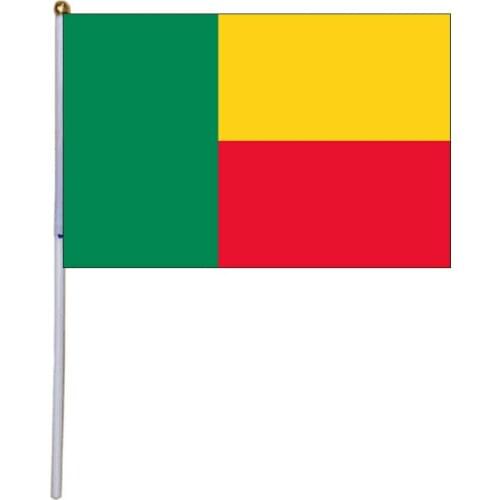 Free shipping xvggdg 100pcs 14 * 21cm National Flag Benin hand flags with plastic flagpole Polyester Printing flag