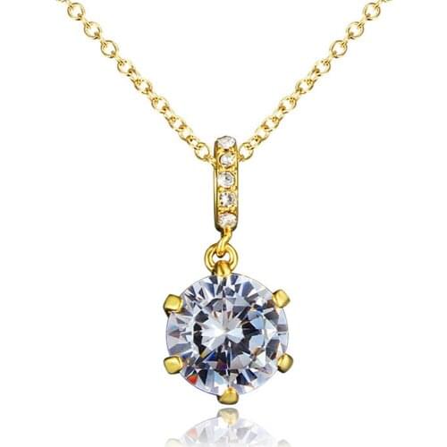 Round Cut Clear Zircon Pendant Chain Yellow Gold Filled Womens Pendant Necklace Gift