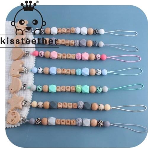 Kissteether Baby Animal Pacifier Clip Chain Silicone Beads No BPA Wooden Holder Soother Pacifier Clips Nipple Holder for Infant