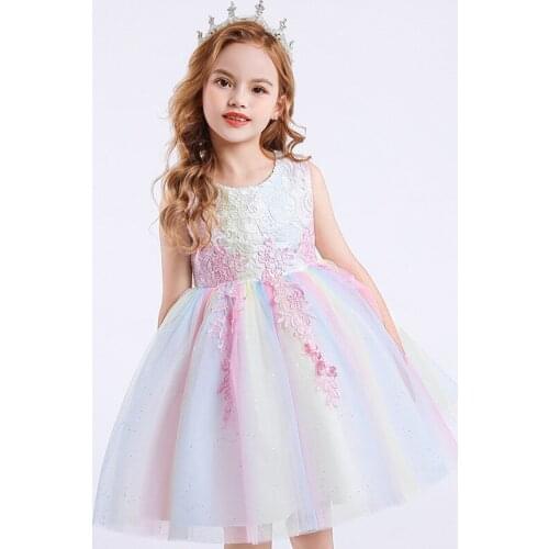 2021 New Lace Sleeveless Children Rainbow Color Mesh Princess Dress For Girls Show Birthday Party Dresses Flower Girl Puffyskirt