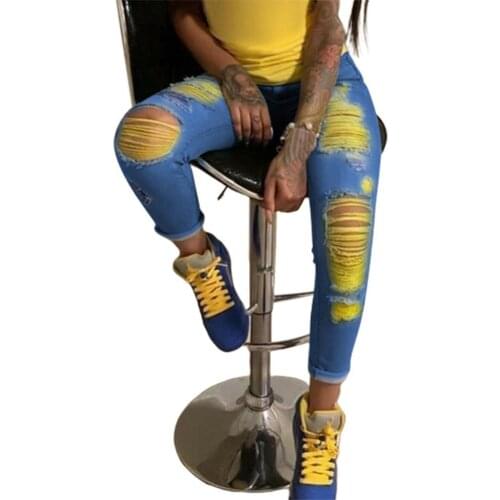 Ele-choices M-3XL Autumn Women Fashion Button Ripped Yarn Long Skinny Pants Streetwear Trousers Jeans for Daily