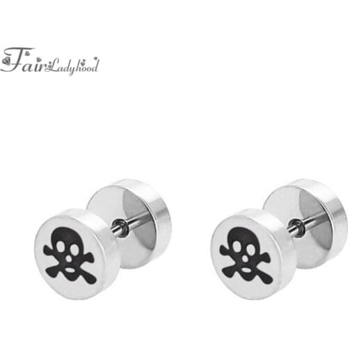 FairLadyHood Round Skull Barbell Earrings 1 Pair 8mm Punk Stainless Steel Stud Earrings Women Men Earings For Male Jewelry