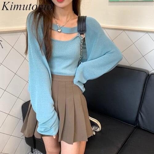 Kimutomo Casual Knit Two Piece Set Women Autumn 2021 Korea Long Sleeve Cardigans Solid Short Sling Knitwear Fashion Women Suit