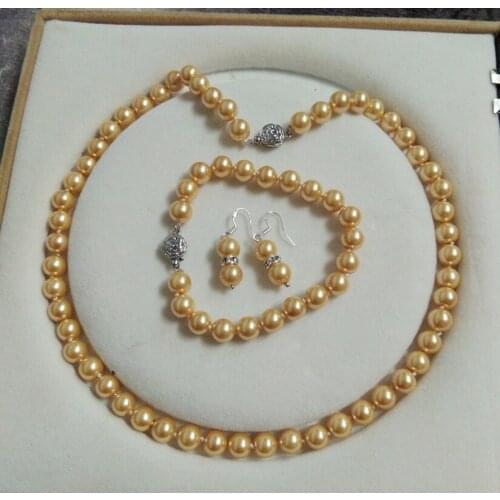 10mm AAA+ Gold Shell Pearl necklace Bracelet Earring Set