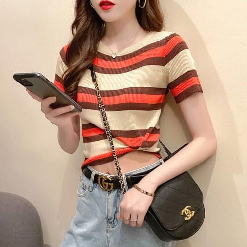 Korean Tops Womens Brand T-shirt Ulzzang Harajuku Contrast Striped Print T-shirt Summer New Slim Casual Women Knitted Tshirts
