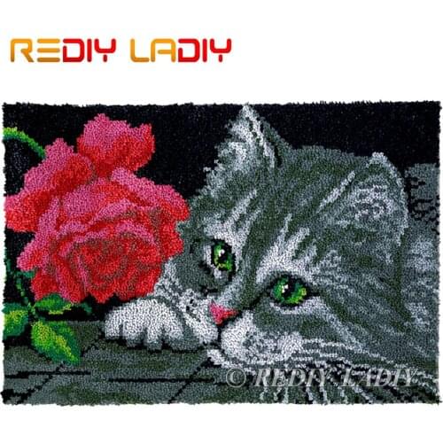 Latch Hook Kits Kitten with Flowers Chunky Yarn Embroidery Crochet Tapestry Kits Needlework Arts & Crafts DIY Carpet Rug 85*58cm