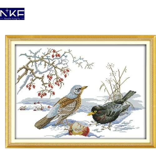 NKF The Birds The In Snow Pattern Handmade Craft Needlework Cross Stitch Set Embroidery Kit Printed Design Stitching Home Decor