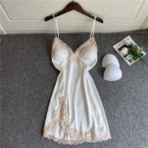 Nightgown Lace Trim Sleepwear Lady Satin Nightdress Sexy Strap Sleepdress Summer Nightwear V-Neck Home Wear Dressing Gown