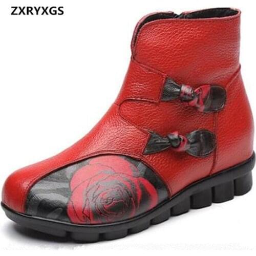 2019 New Autumn / Winter Shoes Woman Boots Printing Genuine Leather Boots Ladies Ankle Boots Flat Warm Snow Boots Fashion shoes