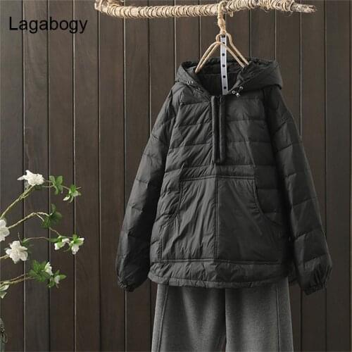 Lagabogy 2021 New Winter Women Oversize Duck Down Jacket Female Short Casual Hooded Warm Parkas Pocket Loose Coat Outwear
