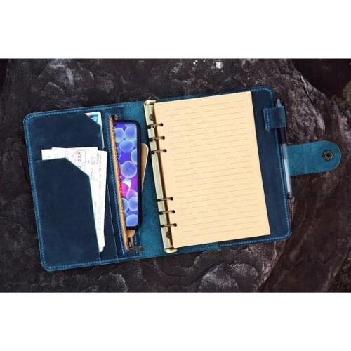 Personalized vintage marine blue refill leather travel journal A5 6 ring leather planner binder travel notebook cover