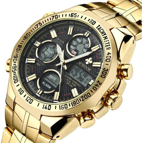 WWOOR Original Luxury Top Brand Stainless Steel Quartz Watch Men Digital LED Clock Military Sports Wristwatch relogio masculino
