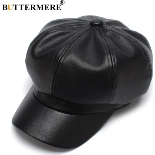 BUTTERMERE Women Leather Newsboy Cap Black Faux PU Leather Female Octagonal Cap Autumn Winter Baker Boy Beret Ladies Flat Hat