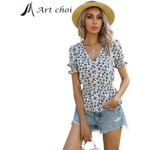 Summer Casual Women Fashion Chiffon Floral T Shirt Pullover Slim Tops V-Neck Puff Sleeve Print Blouse Bodycon All-match