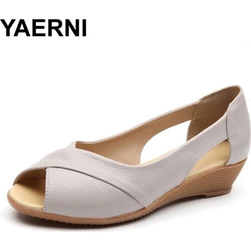 YAERNI Summer Style Weave Genuine Leather Wedges Heel Sandals Women Flat Peep Toe Soft Bottom Solid Female Casual Summer Shoes