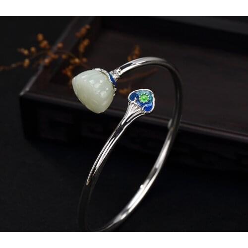 Silver S925 Pure Silver Natural Hetian Jade White Jade Mosaic Cloisonne Female Opening Bracelet Bracelet Wholesale