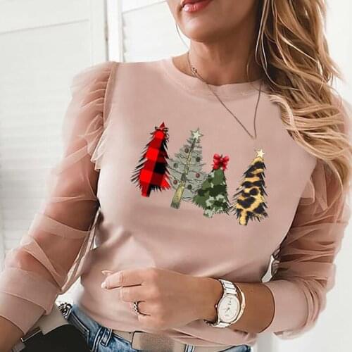 New Elegant Ladies Top Mesh Patchwork Long Sleeve Sexy T-shirt Christmas Sequins Print Pink Pullover Winter O-neck Female Shirts