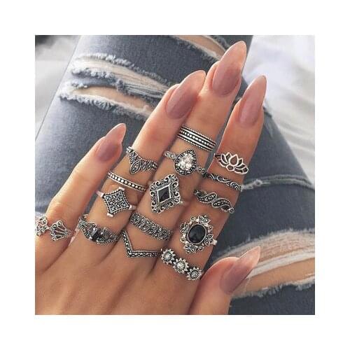 15 pcs Bohemia Vintage Ancient Anemone Ring Set Personality Finger Rings Female Jewelry Gift
