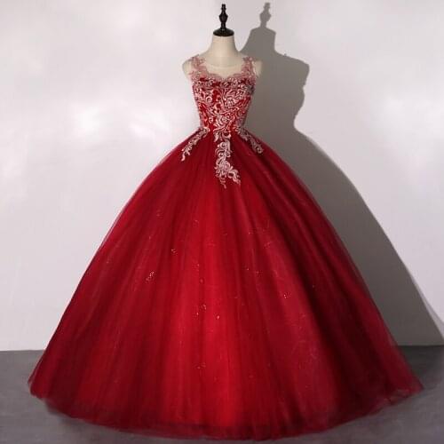 Wine Red Vestidos 2021 New Sleeveless Quinceanera Dress Elegant Scalloped-neck Floor-length Party Prom Ball Gown Plus Size