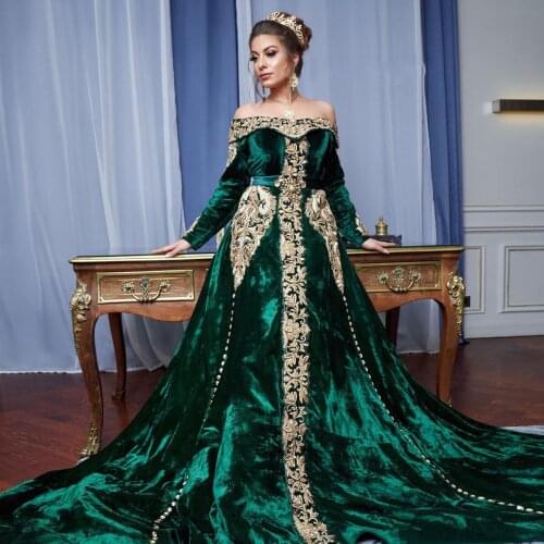 Green Exquisite High Quality Demure Moroccan Caftan Evening Dress Off-The-Shoulder Floor Length With Train Applique Prom Dress