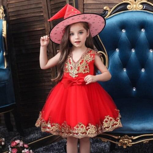 European American childrens dress princess dress yellow sequins high-end Christmas V-neck girls dress kids party clothes
