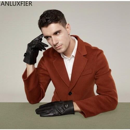 H9962 Men Leather Gloves Autumn Winter Riding Warm Thermal Thick Mittens Male Windproof Waterproof Touch Screen Black Hand Muff