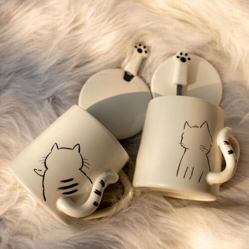 Ceramic Cat Coffee Mugs with Cover Spoon Brief House Water Tea Cups Breakfast Milk Coffeeware Drinkware