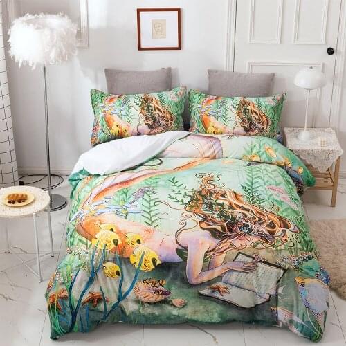 Beauty Mermaid Printed Bedding Set for Kids Girls Bedroom Sea Duvet Cover King Size Private Custom Bed Linen Double Bed Quilts