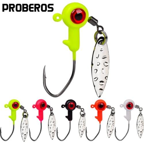 PROBEROS 5pcs Jig Head Hooks Spinner 1.4g-1.6g-3g Exposed Barbed Hooks Spoon Soft Lure Jigging Hooks With 3D Eyes Fishing Tackle