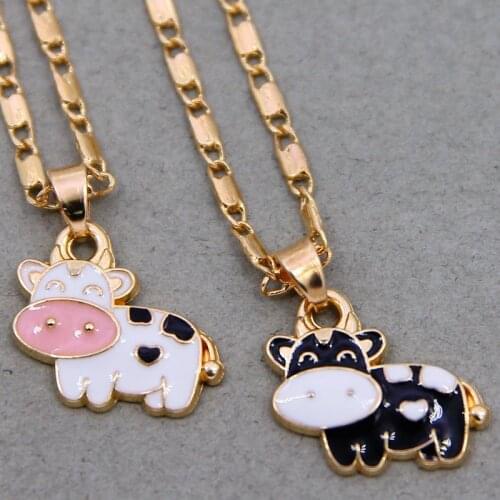 Fashion Enamel Cows Cattle Pendant Necklace Best Friends Kawaii Cute Necklace Golden Chain Choker For Women Girls Gifts