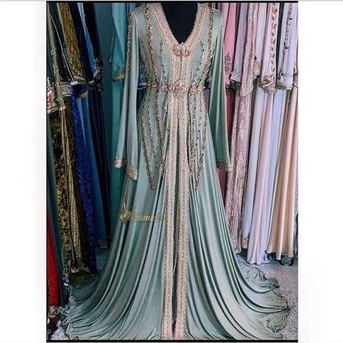 Mint Long Sleeve Prom Dresses 2021 Luxury Crystal Beaded Moroccan Kaftan Caftan Hennalook Muslim Evening Gowns vestidos formais