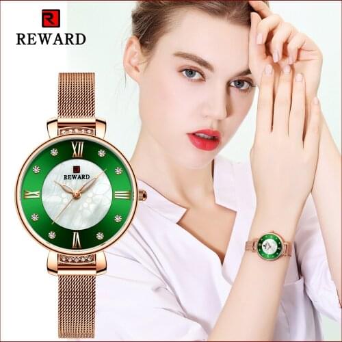 REWARD Fashion Women Watches Pearl Dial Mesh Strap Ladies Waterproof Quartz Wristwatches Girl Clock Relogio Feminin