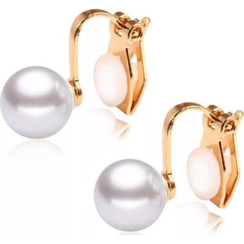 Wholesale Jewelry --Titanium steel White Pearl Clip Earrings For Women 18 k / White Gold Color
