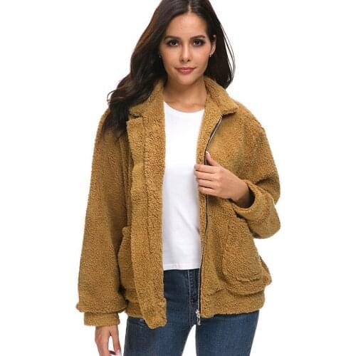 2019 Fall Winter Long Sleeve Faux Lamb Fur Coats Solid Elegant Thick Plus Size Turn Down Collar Lady Jacket Shaggy