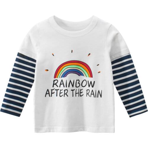 Autumn New Fashion Rainbow Tops Girls Cartoon Long Sleeve Cotton T-Shirts Children Fake Two Striped Tee Shirt Kids Clothes