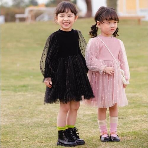 Hot Sale Black Pink Dress Knitted Comfortable Mesh Girls Long Sleeve Dress for Festival Celebration Children Birthday Gift