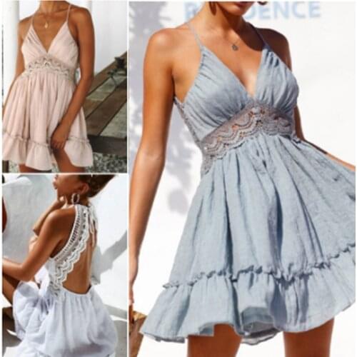 Women Dress Casual Sleeveless Deep V-Neck Boho Floral Summer Evening Party Beach Lace Sundress Solid Princess Ruffles Clothing