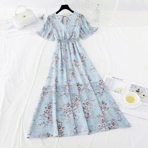 2021 Summer Dress Women Short Sleeve Ruffled Chiffon Dresses Elegant Vestidos Sexy V-neck Floral Print Beach Midi Dress