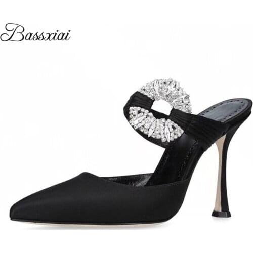 Luxury Satin Point Toe Runway Mules For Girls 10cm Thin High Heels Crystal Rhinestone Buckle Summer Sandals Women
